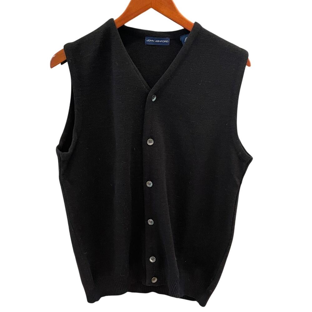 John Ashford Men's Black Merino Wool Button Down Sweater Vest, Classic, M